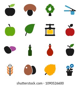 solid vector ixon set - oil vector, cook press, egg, mushroom, potato, apple fruit, leaf, diet, cereals, tree, flower in pot