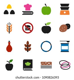 solid vector ixon set - oil vector, double boiler, cookbook, cereal, potato, apple fruit, diet, sports nutrition, cereals, breads, no fastfood, hoop