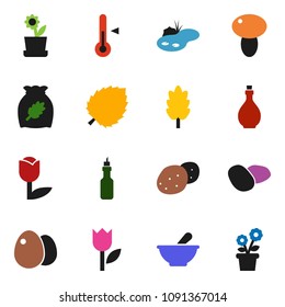 solid vector ixon set - oil vector, thermometer, cereal, egg, mushroom, potato, leaf, tulip, mortar, pond, flower in pot