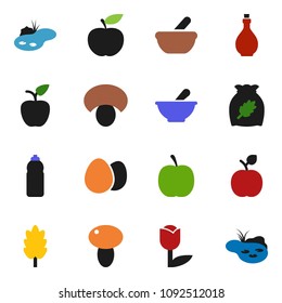 solid vector ixon set - oil vector, cereal, egg, mushroom, apple fruit, diet, water bottle, tulip, mortar, pond