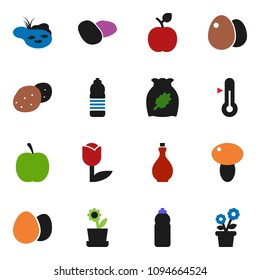 solid vector ixon set - oil vector, thermometer, cereal, egg, mushroom, potato, apple fruit, diet, water bottle, tulip, pond, flower in pot