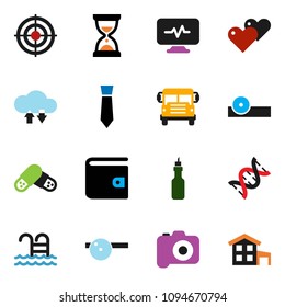 solid vector ixon set - oil vector, school bus, wallet, sand clock, tie, target, pool, camera, heart, dna, pills, eye doctor hat, diagnostic monitor, cloud exchange, cottage