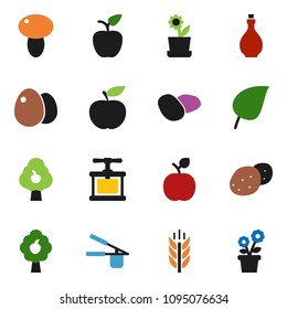 solid vector ixon set - oil vector, cook press, egg, mushroom, potato, apple fruit, leaf, diet, cereals, tree, flower in pot