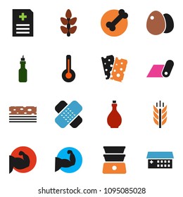 solid vector ixon set - oil vector, double boiler, egg, muscule hand, fitness mat, cereals, breads, bone, thermometer, patch, anamnesis, hospital building