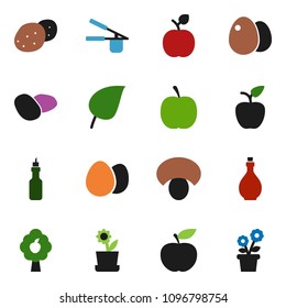 solid vector ixon set - oil vector, cook press, egg, mushroom, potato, apple fruit, leaf, diet, tree, flower in pot