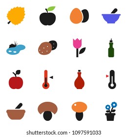 solid vector ixon set - oil vector, thermometer, egg, mushroom, potato, apple fruit, leaf, diet, tulip, mortar, pond, flower in pot