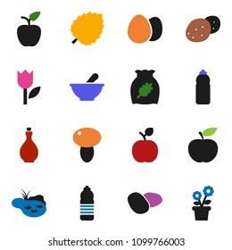 solid vector ixon set - oil vector, cereal, egg, mushroom, potato, apple fruit, leaf, diet, water bottle, tulip, mortar, pond, flower in pot