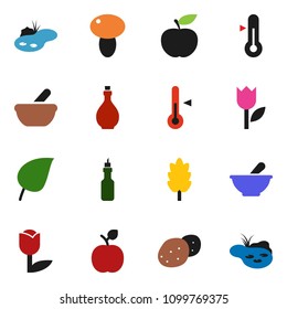 solid vector ixon set - oil vector, thermometer, cereal, mushroom, potato, apple fruit, leaf, diet, tulip, mortar, pond