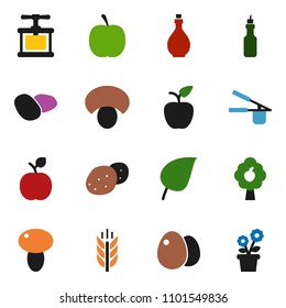 solid vector ixon set - oil vector, cook press, egg, mushroom, potato, apple fruit, leaf, diet, cereals, tree, flower in pot