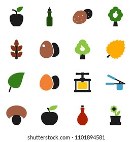 solid vector ixon set - oil vector, cook press, egg, mushroom, potato, apple fruit, leaf, diet, cereals, tree, flower in pot