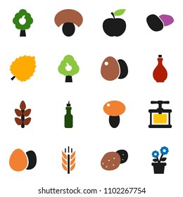 solid vector ixon set - oil vector, cook press, egg, mushroom, potato, leaf, diet, cereals, fruit tree, flower in pot