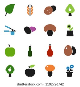 solid vector ixon set - oil vector, cook press, egg, mushroom, potato, leaf, diet, cereals, fruit tree, flower in pot