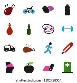 solid vector ixon set - oil vector, potato, chicken leg, diet, barbell, bike, buttocks, water bottle, fitness mat, hoop, run, thermometer, amkbulance car, medical room