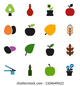 solid vector ixon set - oil vector, cook press, egg, potato, apple fruit, leaf, diet, cereals, tree, flower in pot