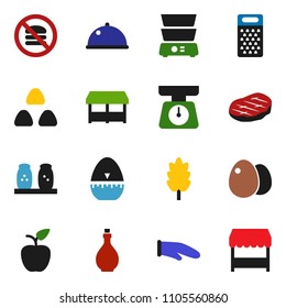solid vector ixon set - oil vector, scales, cook glove, timer, grater, double boiler, spices, dish, cereal, egg, steak, apple fruit, no fastfood, market