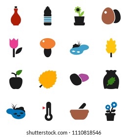 solid vector ixon set - oil vector, thermometer, cereal, egg, mushroom, potato, apple fruit, leaf, water bottle, tulip, mortar, pond, flower in pot