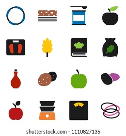 solid vector ixon set - oil vector, double boiler, cookbook, cereal, potato, apple fruit, diet, scales, sports nutrition, breads, hoop