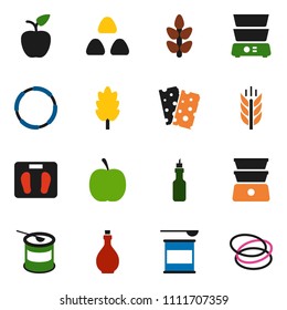 solid vector ixon set - oil vector, double boiler, cereal, apple fruit, diet, scales, sports nutrition, cereals, breads, hoop