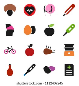 solid vector ixon set - oil vector, double boiler, egg, mushroom, potato, chicken leg, apple fruit, diet, heart pulse, bike, buttocks, thermometer, anamnesis