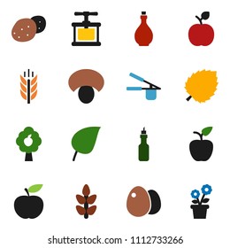 solid vector ixon set - oil vector, cook press, egg, mushroom, potato, apple fruit, leaf, diet, cereals, tree, flower in pot