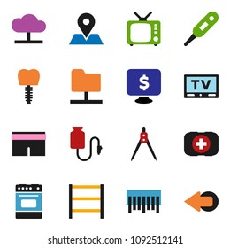 solid vector ixon set - oven vector, drawing compass, monitor dollar, shorts, first aid kit, map pin, barcode, shelving, tv, thermometer, drop counter, tooth implant, network folder, cloud, arrow