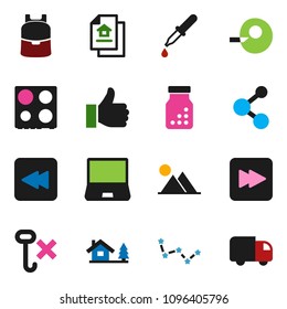 solid vector ixon set - oven vector, backpack, constellation, molecule, no hook, notebook pc, finger up, forward button, backward, insemination, dropper, pills bottle, chalet, mountain, delivery