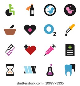 solid vector ixon set - oxygen vector, disabled, heart cross, flask, pregnancy, syringe, dropper, crutches, sand clock, mortar, anamnesis, potion, bandage, tooth
