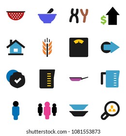 solid vector ixon set - pan vector, colander, measuring cup, plates, dollar growth, man, scales, cereals, protected, mortar, chromosomes, arrow, house, client search