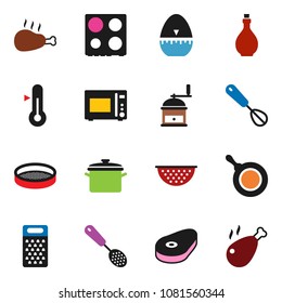 solid vector ixon set - pan vector, oil, colander, cook timer, whisk, skimmer, hand mill, grater, microwave oven, thermometer, sieve, steak, chicken leg