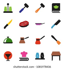 solid vector ixon set - pan vector, spatula, knife, meat hammer, turk coffee, cookbook, spices, dish, steak, glass, table