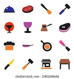 solid vector ixon set - pan vector, cook hat, spatula, knife, meat hammer, turk coffee, dish, steak, office, glass, table