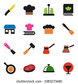 solid vector ixon set - pan vector, cook hat, spatula, knife, meat hammer, turk coffee, cookbook, spices, dish, steak, office, glass