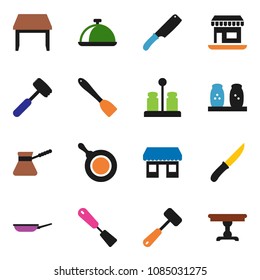 solid vector ixon set - pan vector, spatula, knife, meat hammer, turk coffee, spices, dish, office, table