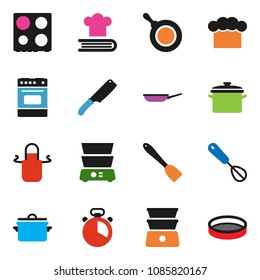 solid vector ixon set - pan vector, cook hat, apron, timer, whisk, spatula, knife, oven, double boiler, cookbook, sieve
