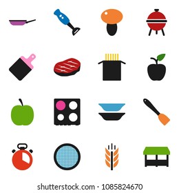 solid vector ixon set - pan vector, cook timer, spatula, cutting board, oven, blender, bbq, plates, sieve, pasta, mushroom, steak, apple fruit, diet, cereals, market