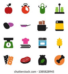 solid vector ixon set - pan vector, scales, apron, cook timer, cutting board, toaster, oven, cookbook, spices, cereal, potato, steak, apple fruit, breads, bone