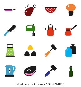solid vector ixon set - pan vector, kettle, colander, apron, knife, meat hammer, grater, turk coffee, mixer, jar, cereal, mushroom, steak, chicken leg, oil