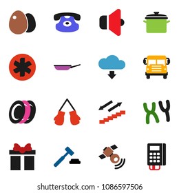 solid vector ixon set - pan vector, plates, egg, school bus, auction, boxing glove, stairways run, satellitie, speaker, classic phone, ambulance star, chromosomes, cloud download, gift, card reader