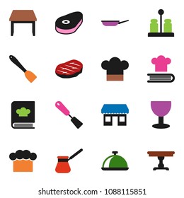 solid vector ixon set - pan vector, cook hat, spatula, turk coffee, cookbook, spices, dish, steak, office, glass, table