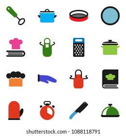 solid vector ixon set - pan vector, cook hat, apron, glove, timer, whisk, knife, grater, cookbook, sieve, dish