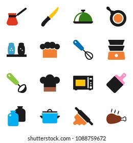 solid vector ixon set - pan vector, cook hat, whisk, ladle, knife, rolling pin, cutting board, turk coffee, microwave oven, double boiler, spices, dish, jar, chicken leg