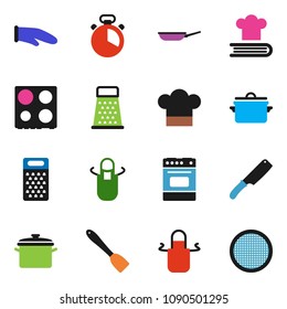 solid vector ixon set - pan vector, cook hat, apron, glove, timer, spatula, knife, grater, oven, cookbook, sieve
