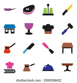 solid vector ixon set - pan vector, cook hat, spatula, knife, meat hammer, turk coffee, cookbook, spices, dish, steak, office, glass, table