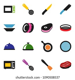 solid vector ixon set - pan vector, skimmer, spatula, knife, microwave oven, plates, sieve, dish, steak
