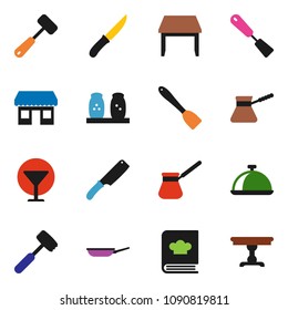 solid vector ixon set - pan vector, spatula, knife, meat hammer, turk coffee, cookbook, spices, dish, office, glass, table