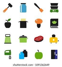 solid vector ixon set - pan vector, spatula, meat hammer, grater, mixer, toaster, double boiler, cookbook, jar, pasta, mushroom, steak, apple fruit, diet, fridge