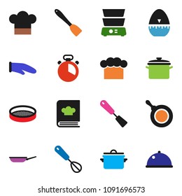 solid vector ixon set - pan vector, cook hat, glove, timer, whisk, spatula, double boiler, cookbook, sieve, dish