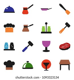 solid vector ixon set - pan vector, cook hat, spatula, meat hammer, turk coffee, spices, dish, steak, glass, table
