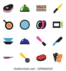 solid vector ixon set - pan vector, skimmer, spatula, knife, microwave oven, plates, sieve, dish, steak, breads