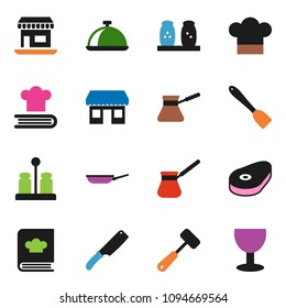 solid vector ixon set - pan vector, cook hat, spatula, knife, meat hammer, turk coffee, cookbook, spices, dish, steak, office, glass